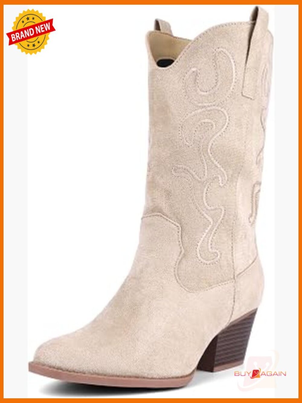 Mid Calf Cowboy Boots with Chunky Block Heel Embroidered Western Booties
